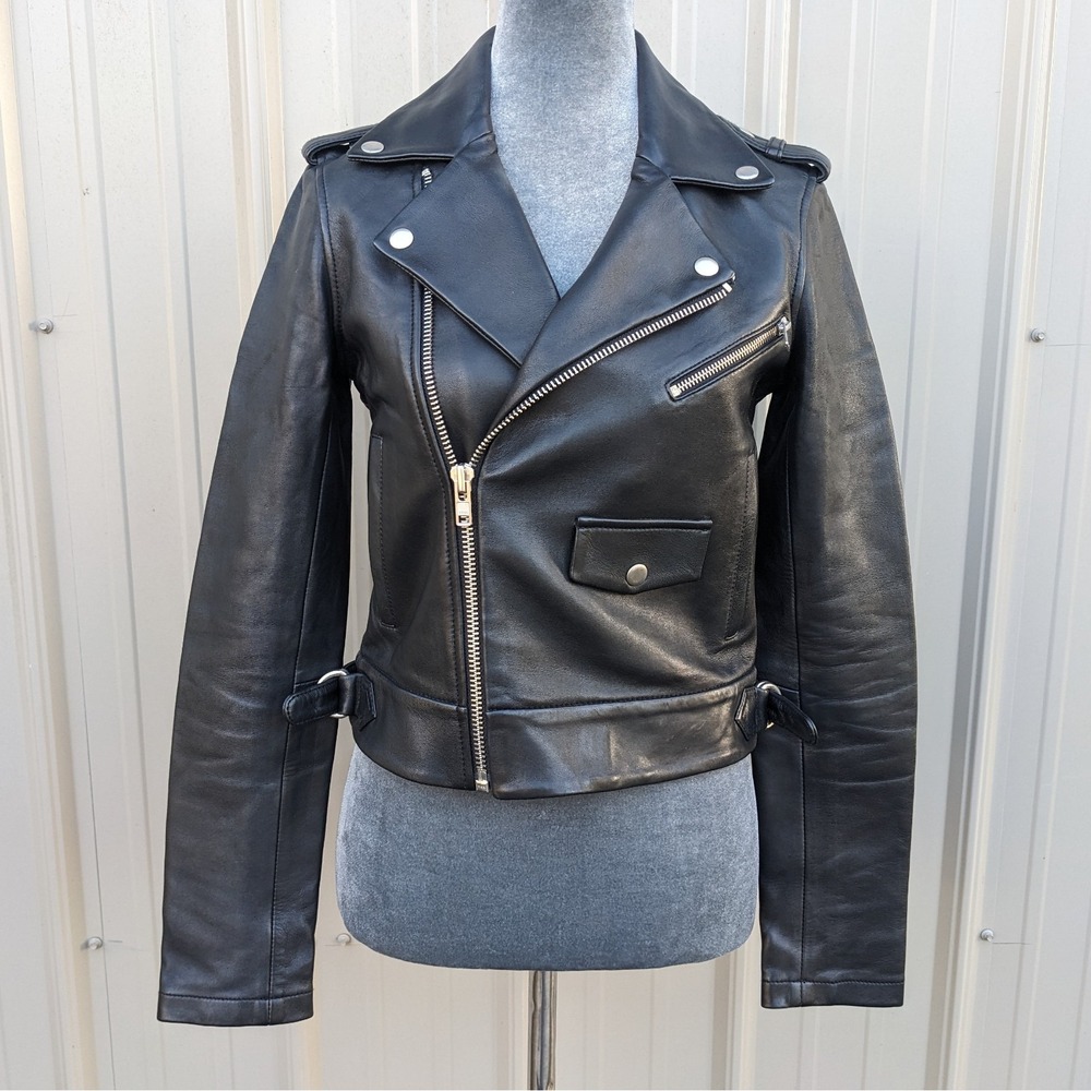 Maje Lamb Leather Biker Jacket Womens 36 FR XS/S Black Cropped Moto Zip Up Punk
